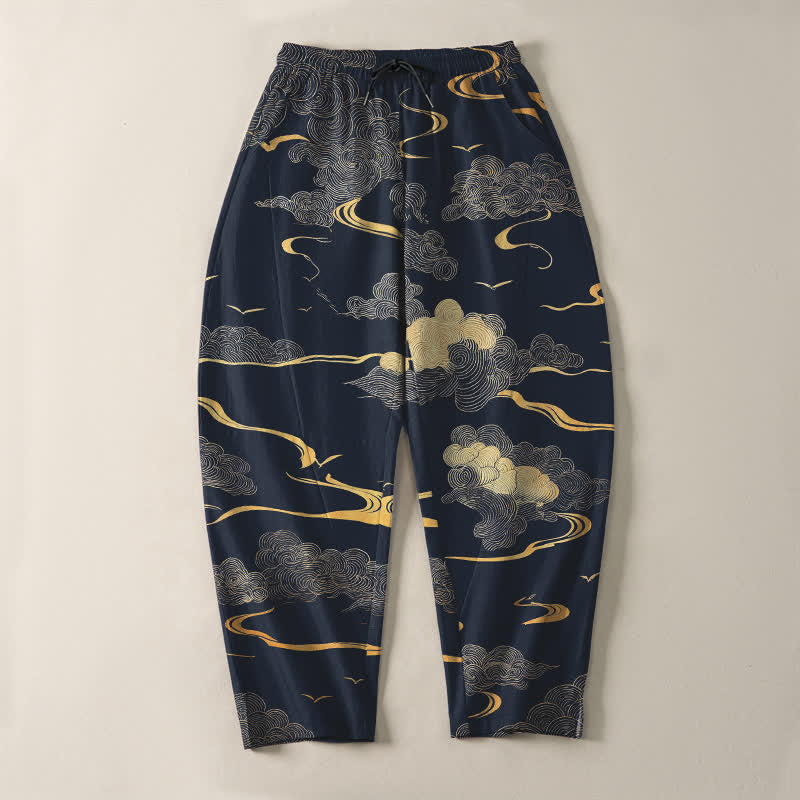 Buddha Stones Pantalon fuselé pour homme en pur coton, motif vague nuage doré, cordon de serrage et poches - image 13