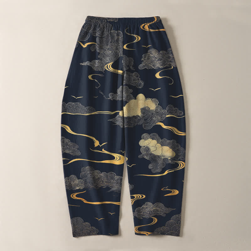 Buddha Stones Pantalon fuselé pour homme en pur coton, motif vague nuage doré, cordon de serrage et poches - image 14