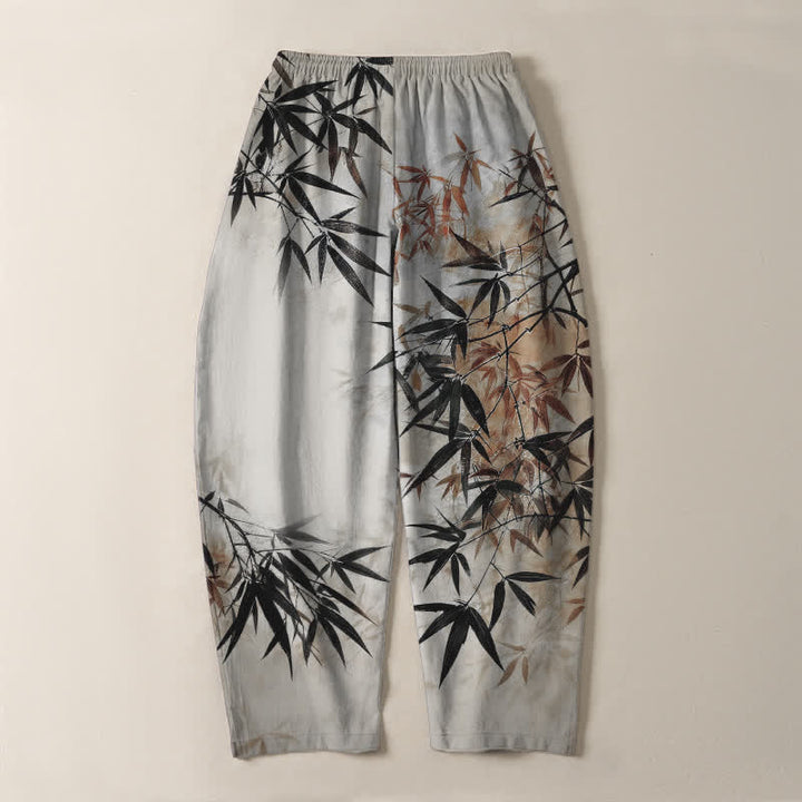 Buddha Stones Pantalon fuselé pour homme en pur coton, imprimé feuilles de bambou, avec cordon de serrage et poches. - image 3