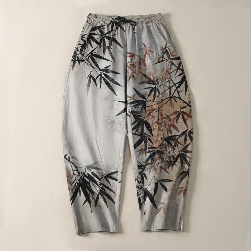 Buddha Stones Pantalon fuselé pour homme en pur coton, imprimé feuilles de bambou, avec cordon de serrage et poches. - image 2