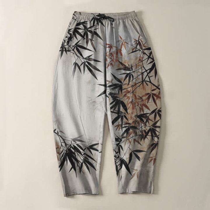 Buddha Stones Pantalon fuselé pour homme en pur coton, imprimé feuilles de bambou, avec cordon de serrage et poches. - image 2