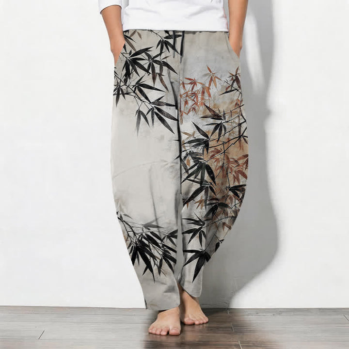 Buddha Stones Pantalon fuselé pour homme en pur coton, imprimé feuilles de bambou, avec cordon de serrage et poches. - Gainsboro - US/UK/AU50，EU60 (5XL) - image 0