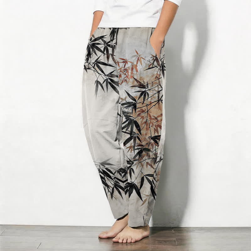 Buddha Stones Pantalon fuselé pour homme en pur coton, imprimé feuilles de bambou, avec cordon de serrage et poches. - image 1