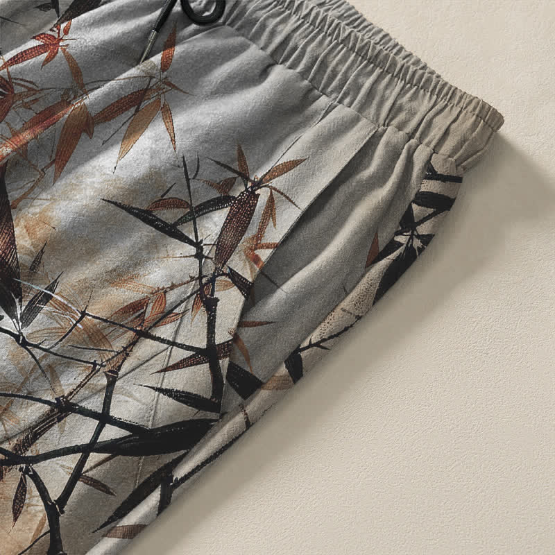 Buddha Stones Pantalon fuselé pour homme en pur coton, imprimé feuilles de bambou, avec cordon de serrage et poches. - image 4