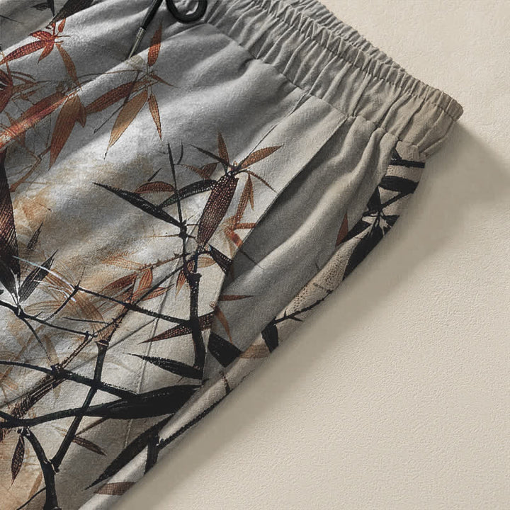 Buddha Stones Pantalon fuselé pour homme en pur coton, imprimé feuilles de bambou, avec cordon de serrage et poches. - image 4