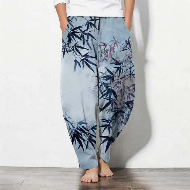Buddha Stones Pantalon fuselé pour homme en pur coton, imprimé feuilles de bambou, avec cordon de serrage et poches. - Bleu clair - US/UK/AU50，EU60 (5XL) - image 7