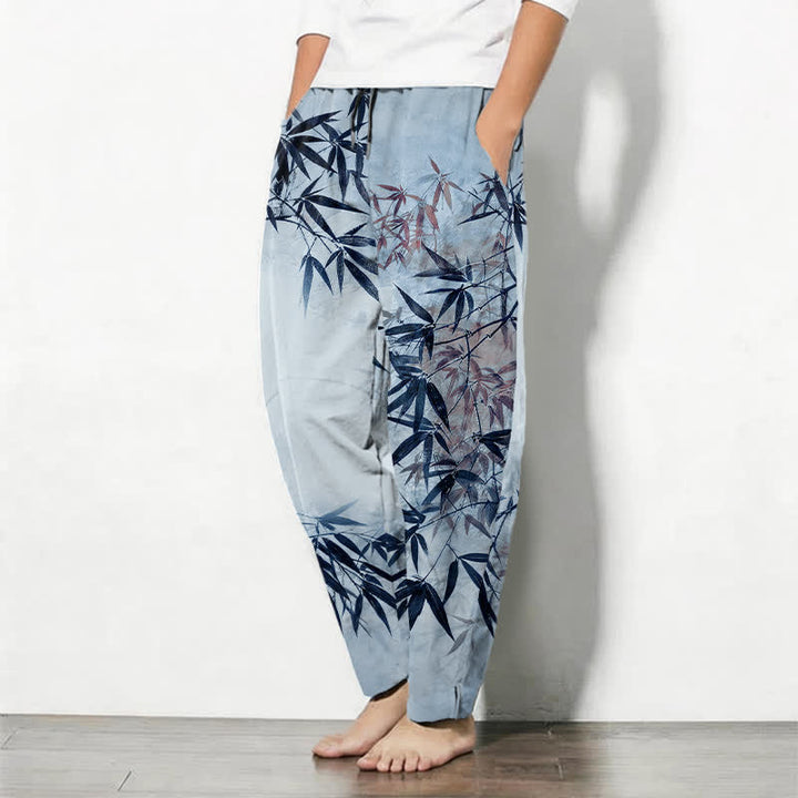 Buddha Stones Pantalon fuselé pour homme en pur coton, imprimé feuilles de bambou, avec cordon de serrage et poches. - image 8