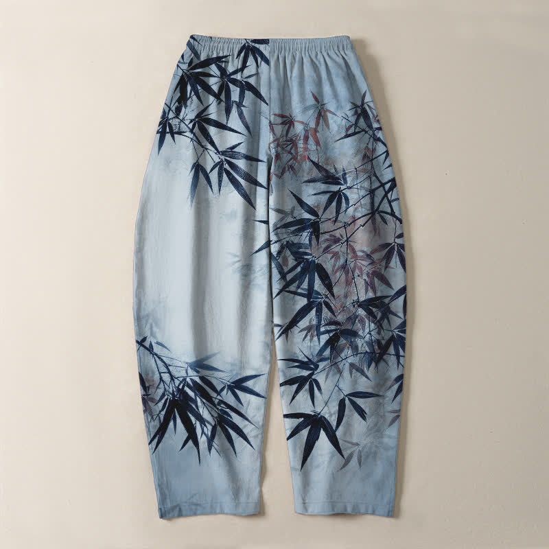 Buddha Stones Pantalon fuselé pour homme en pur coton, imprimé feuilles de bambou, avec cordon de serrage et poches. - image 10