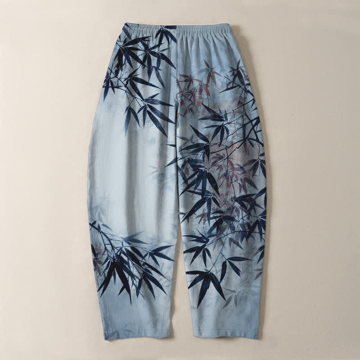 Buddha Stones Pantalon fuselé pour homme en pur coton, imprimé feuilles de bambou, avec cordon de serrage et poches. - image 10