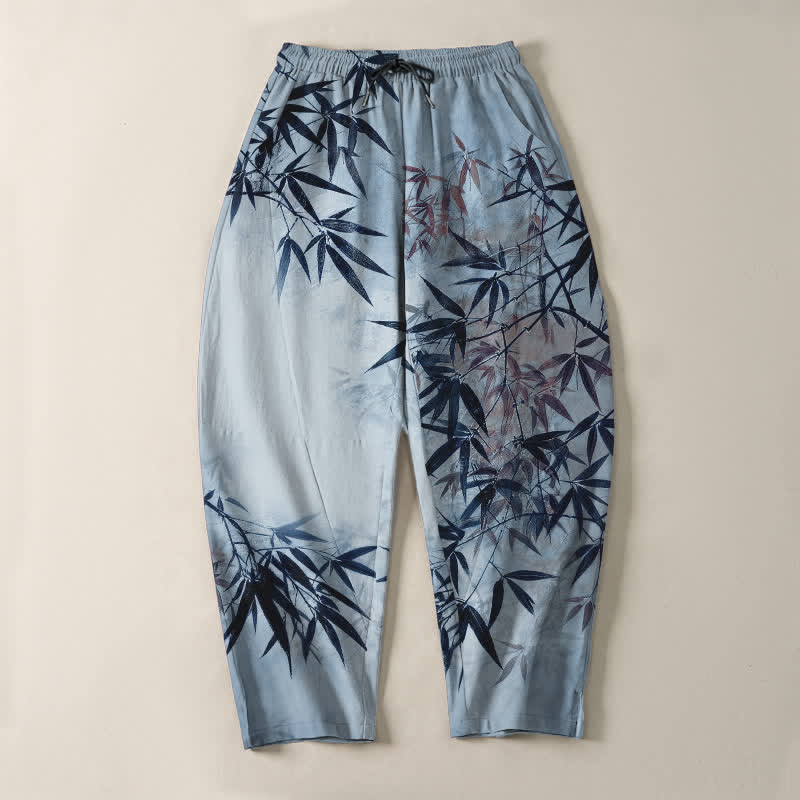 Buddha Stones Pantalon fuselé pour homme en pur coton, imprimé feuilles de bambou, avec cordon de serrage et poches. - image 9