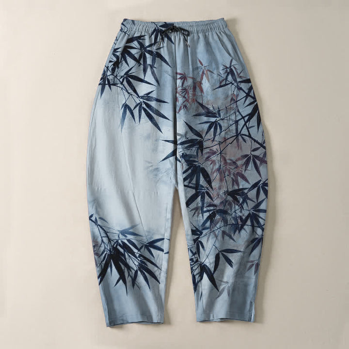Buddha Stones Pantalon fuselé pour homme en pur coton, imprimé feuilles de bambou, avec cordon de serrage et poches. - image 9