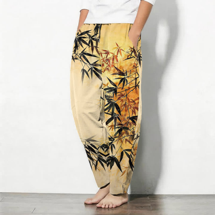 Buddha Stones Pantalon fuselé pour homme en pur coton, imprimé feuilles de bambou, avec cordon de serrage et poches. - image 12