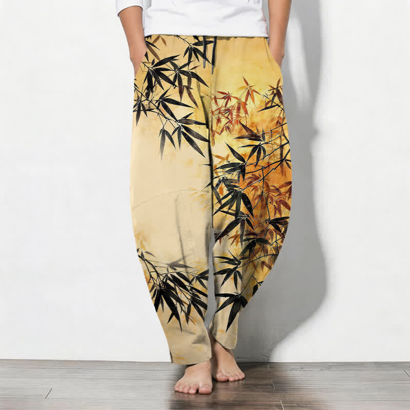 Buddha Stones Pantalon fuselé pour homme en pur coton, imprimé feuilles de bambou, avec cordon de serrage et poches. - Or - US/UK/AU50，EU60 (5XL) - image 11