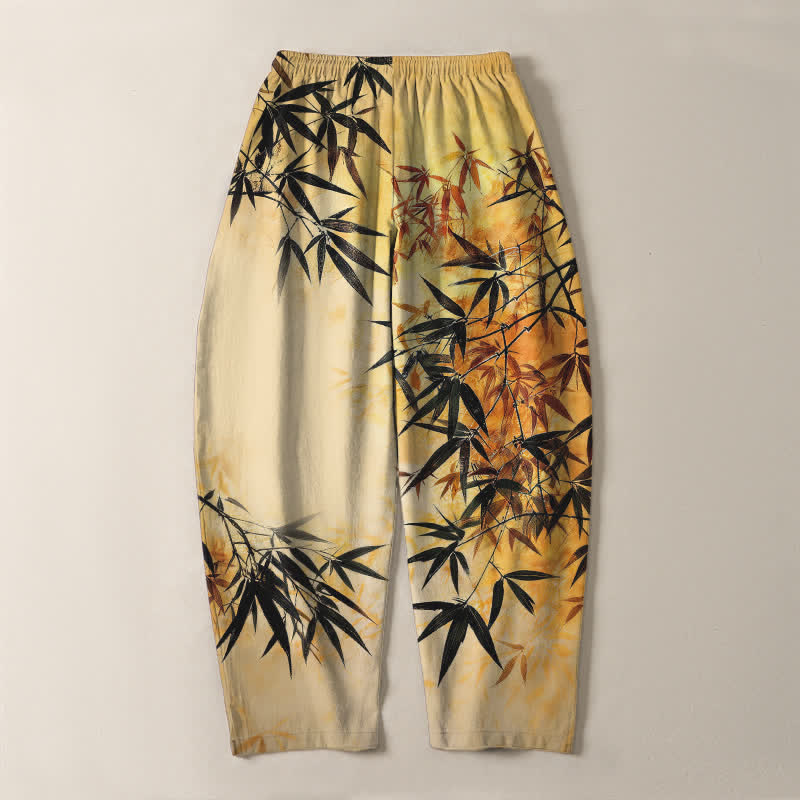 Buddha Stones Pantalon fuselé pour homme en pur coton, imprimé feuilles de bambou, avec cordon de serrage et poches. - image 14