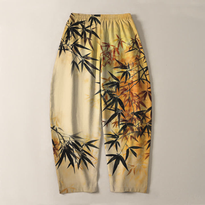 Buddha Stones Pantalon fuselé pour homme en pur coton, imprimé feuilles de bambou, avec cordon de serrage et poches. - image 14