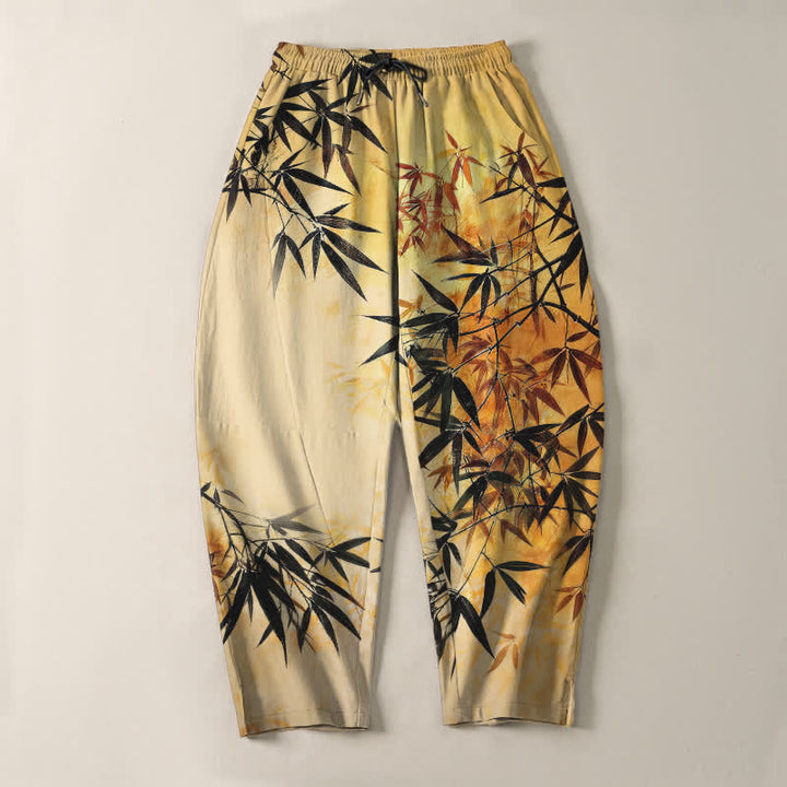 Buddha Stones Pantalon fuselé pour homme en pur coton, imprimé feuilles de bambou, avec cordon de serrage et poches. - image 13