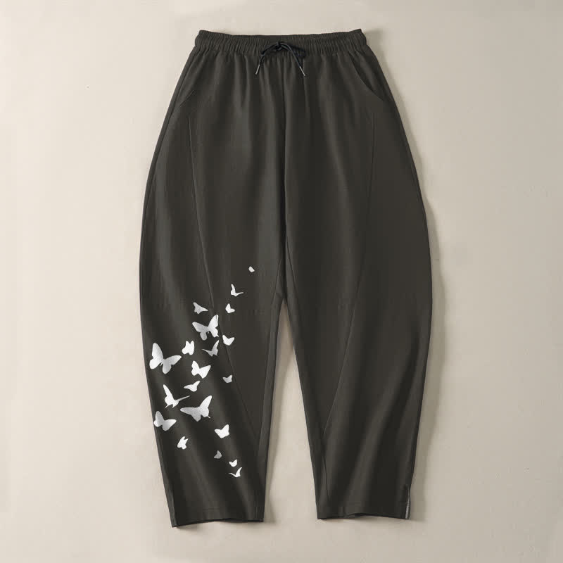 Buddha Stones Pantalon fuselé pour homme en pur coton blanc à motif papillons, cordon de serrage et poches - image 2