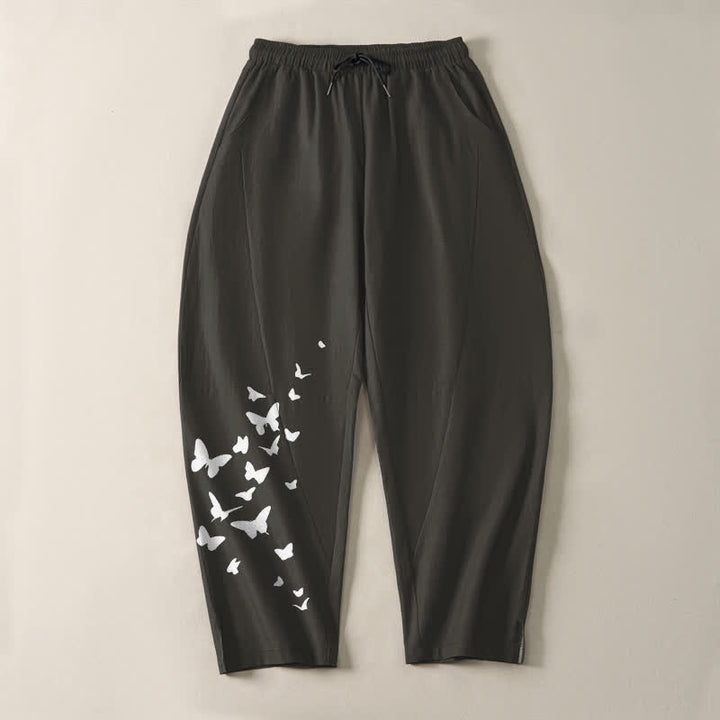 Buddha Stones Pantalon fuselé pour homme en pur coton blanc à motif papillons, cordon de serrage et poches - image 2