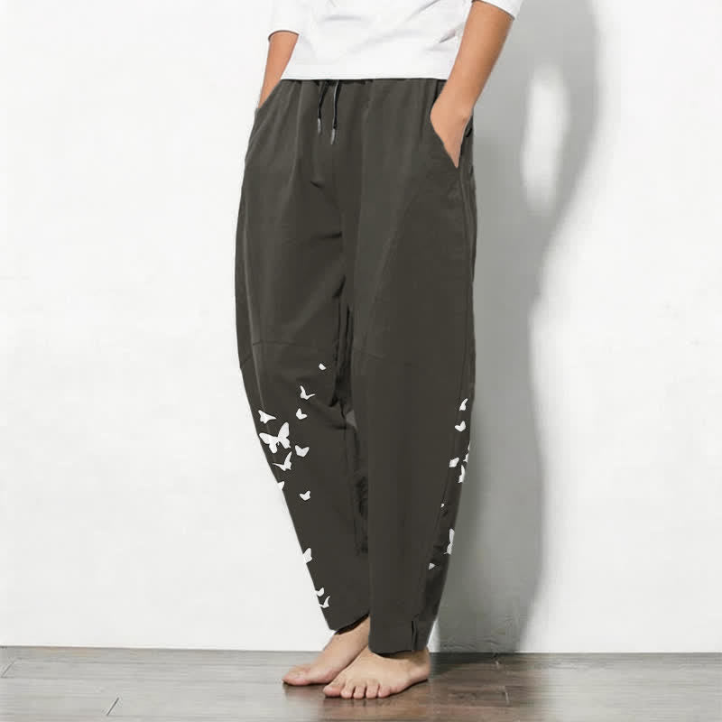 Buddha Stones Pantalon fuselé pour homme en pur coton blanc à motif papillons, cordon de serrage et poches - image 1