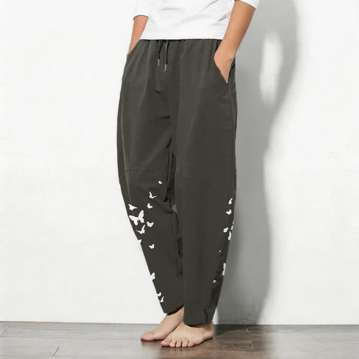Buddha Stones Pantalon fuselé pour homme en pur coton blanc à motif papillons, cordon de serrage et poches - image 1