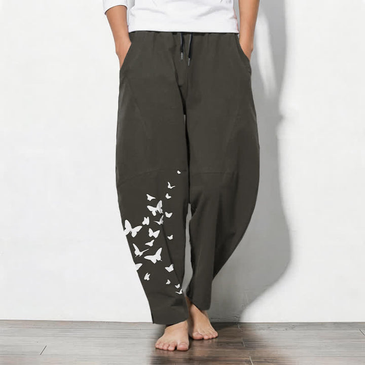 Buddha Stones Pantalon fuselé pour homme en pur coton blanc à motif papillons, cordon de serrage et poches - Noir - US/UK/AU50，EU60 (5XL) - image 0