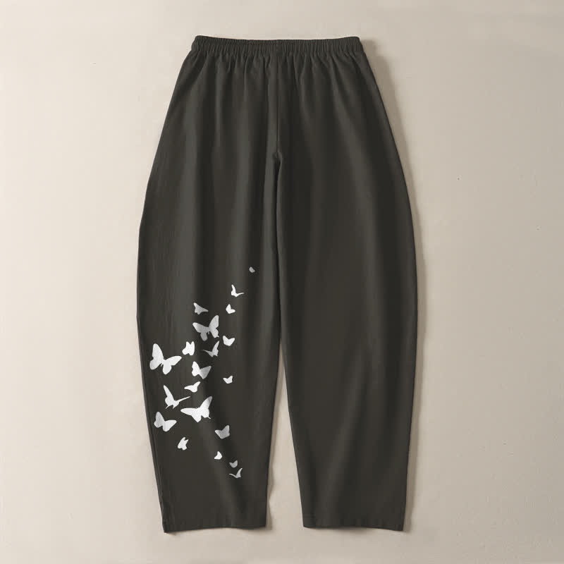 Buddha Stones Pantalon fuselé pour homme en pur coton blanc à motif papillons, cordon de serrage et poches - image 3