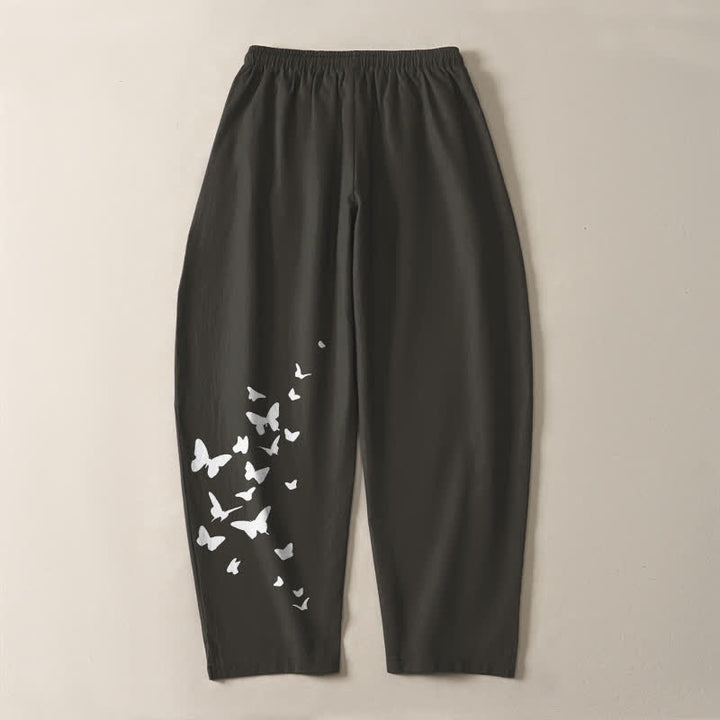 Buddha Stones Pantalon fuselé pour homme en pur coton blanc à motif papillons, cordon de serrage et poches - image 3