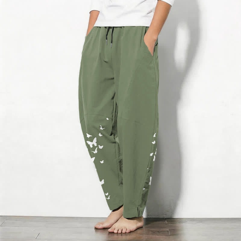 Buddha Stones Pantalon fuselé pour homme en pur coton blanc à motif papillons, cordon de serrage et poches - image 8