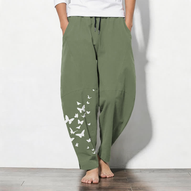 Buddha Stones Pantalon fuselé pour homme en pur coton blanc à motif papillons, cordon de serrage et poches - Vert olive - US/UK/AU50，EU60 (5XL) - image 7