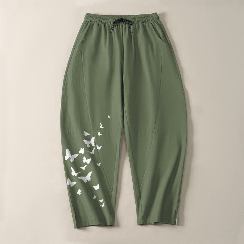 Buddha Stones Pantalon fuselé pour homme en pur coton blanc à motif papillons, cordon de serrage et poches - image 9