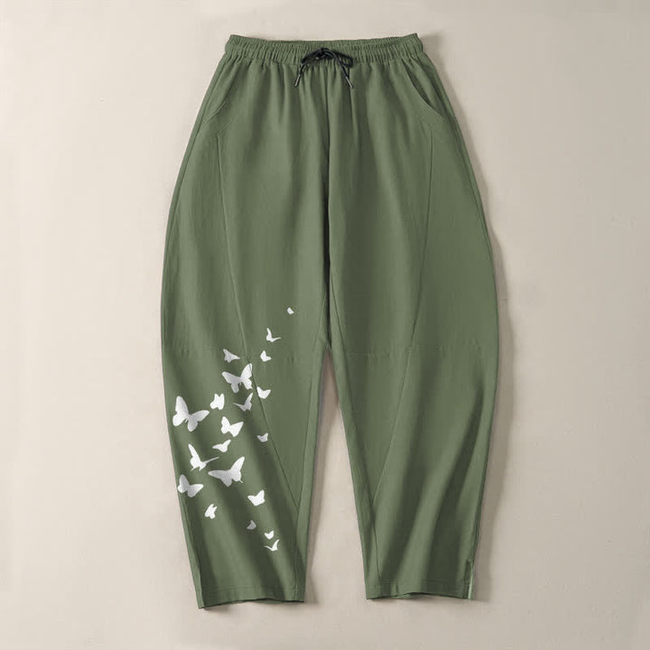 Buddha Stones Pantalon fuselé pour homme en pur coton blanc à motif papillons, cordon de serrage et poches - image 9