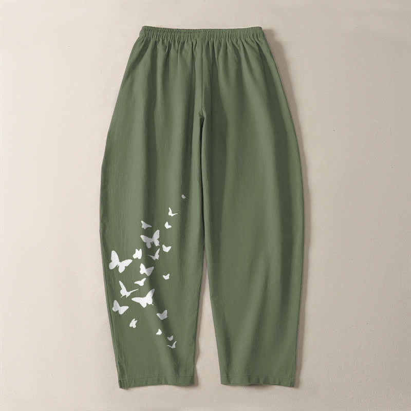 Buddha Stones Pantalon fuselé pour homme en pur coton blanc à motif papillons, cordon de serrage et poches - image 10