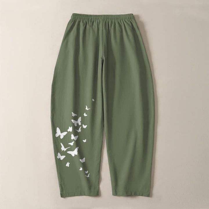Buddha Stones Pantalon fuselé pour homme en pur coton blanc à motif papillons, cordon de serrage et poches - image 10
