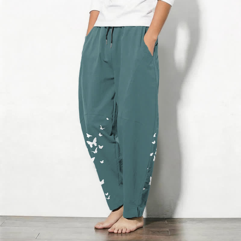 Buddha Stones Pantalon fuselé pour homme en pur coton blanc à motif papillons, cordon de serrage et poches - image 12