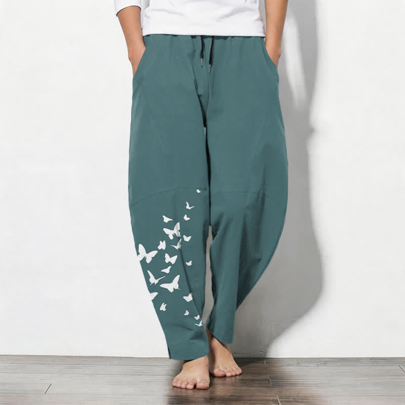 Buddha Stones Pantalon fuselé pour homme en pur coton blanc à motif papillons, cordon de serrage et poches - CadetBlue - US/UK/AU50，EU60 (5XL) - image 11