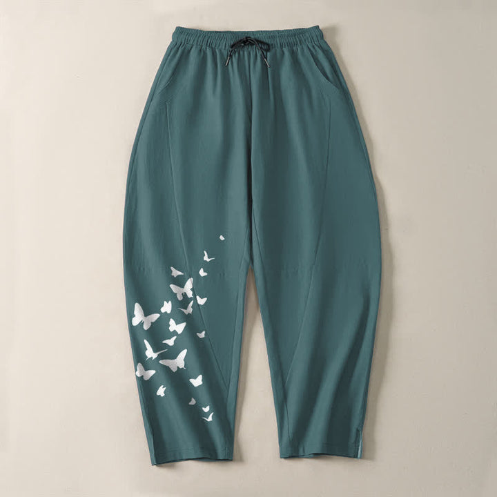 Buddha Stones Pantalon fuselé pour homme en pur coton blanc à motif papillons, cordon de serrage et poches - image 13