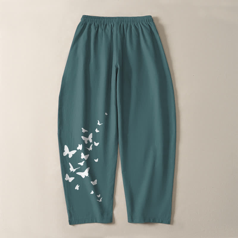 Buddha Stones Pantalon fuselé pour homme en pur coton blanc à motif papillons, cordon de serrage et poches - image 14