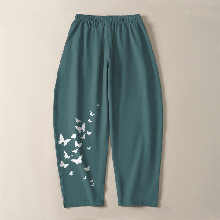 Buddha Stones Pantalon fuselé pour homme en pur coton blanc à motif papillons, cordon de serrage et poches - image 14