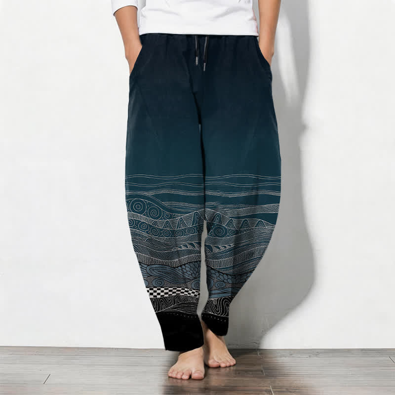 Buddha Stones Pantalon fuselé pour homme en pur coton à motif ethnique ondulé, cordon de serrage et poches - Sarcelle - US/UK/AU50，EU60 (5XL) - image 0