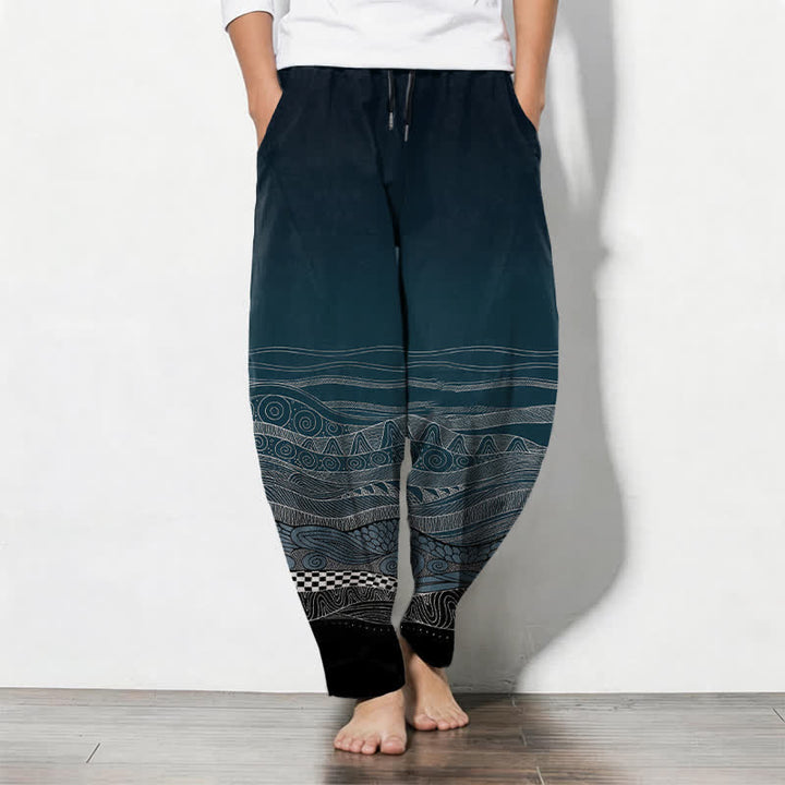 Buddha Stones Pantalon fuselé pour homme en pur coton à motif ethnique ondulé, cordon de serrage et poches - Sarcelle - US/UK/AU50，EU60 (5XL) - image 0