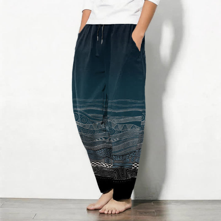 Buddha Stones Pantalon fuselé pour homme en pur coton à motif ethnique ondulé, cordon de serrage et poches - image 1