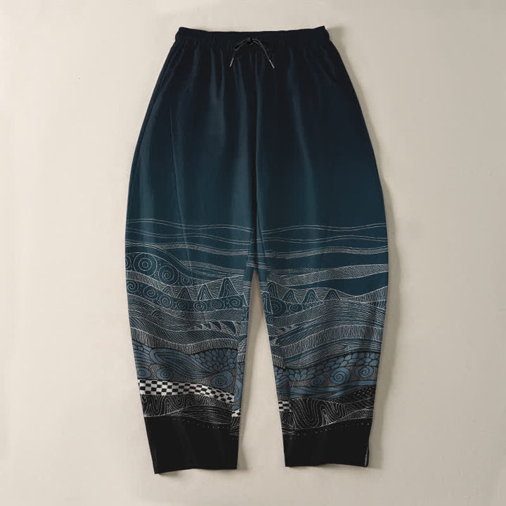 Buddha Stones Pantalon fuselé pour homme en pur coton à motif ethnique ondulé, cordon de serrage et poches - image 2