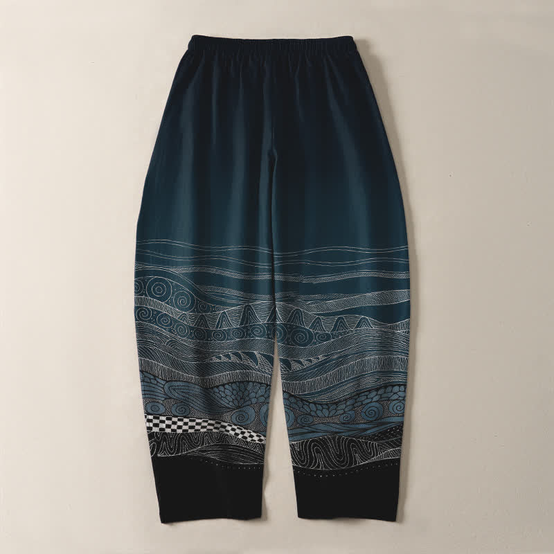 Buddha Stones Pantalon fuselé pour homme en pur coton à motif ethnique ondulé, cordon de serrage et poches - image 3