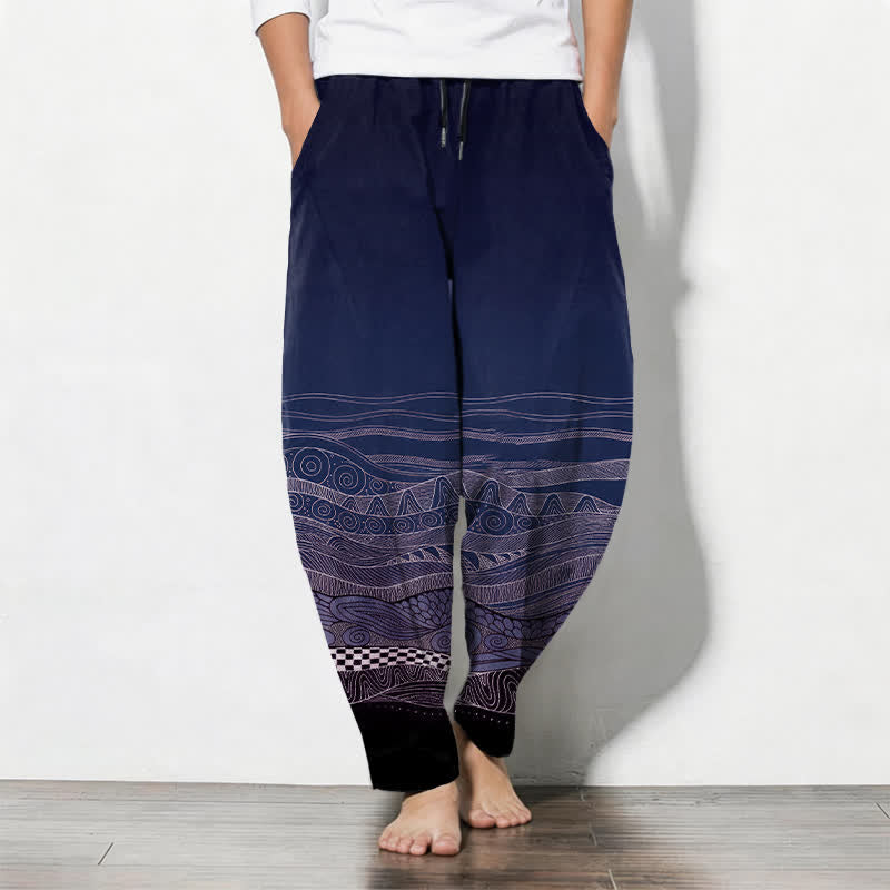 Buddha Stones Pantalon fuselé pour homme en pur coton à motif ethnique ondulé, cordon de serrage et poches - Marine - US/UK/AU50，EU60 (5XL) - image 7