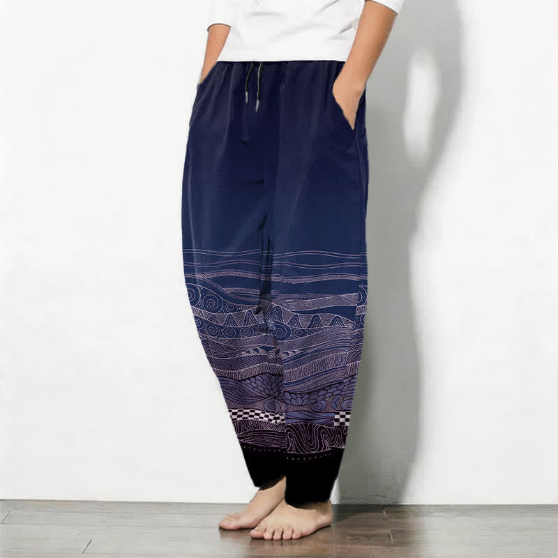 Buddha Stones Pantalon fuselé pour homme en pur coton à motif ethnique ondulé, cordon de serrage et poches - image 8