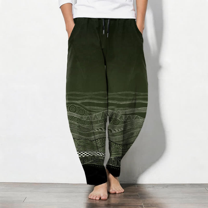 Buddha Stones Pantalon fuselé pour homme en pur coton à motif ethnique ondulé, cordon de serrage et poches - Vert olive foncé - US/UK/AU50，EU60 (5XL) - image 11