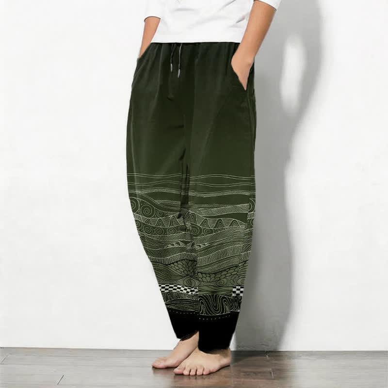 Buddha Stones Pantalon fuselé pour homme en pur coton à motif ethnique ondulé, cordon de serrage et poches - image 12