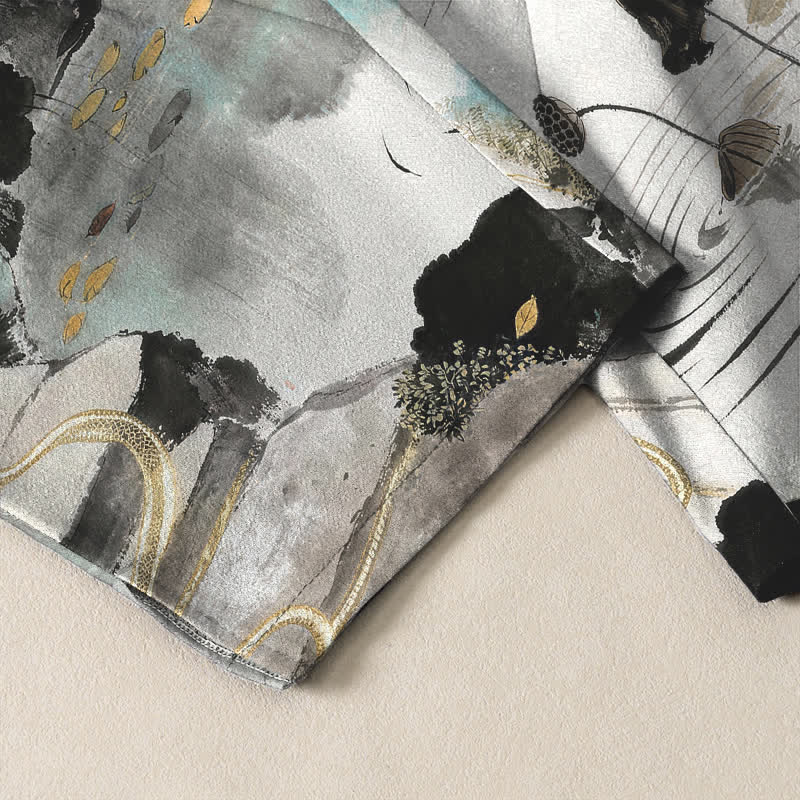Buddha Stones Pantalon fuselé pour homme en pur coton, motif bambou, paysage imprimé à l'encre, cordon de serrage et poches - image 5