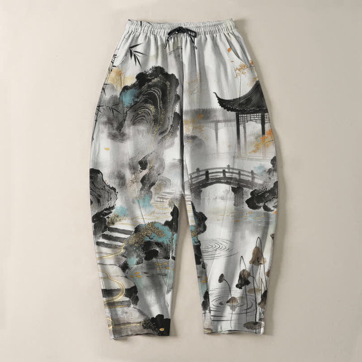 Buddha Stones Pantalon fuselé pour homme en pur coton, motif bambou, paysage imprimé à l'encre, cordon de serrage et poches - image 2