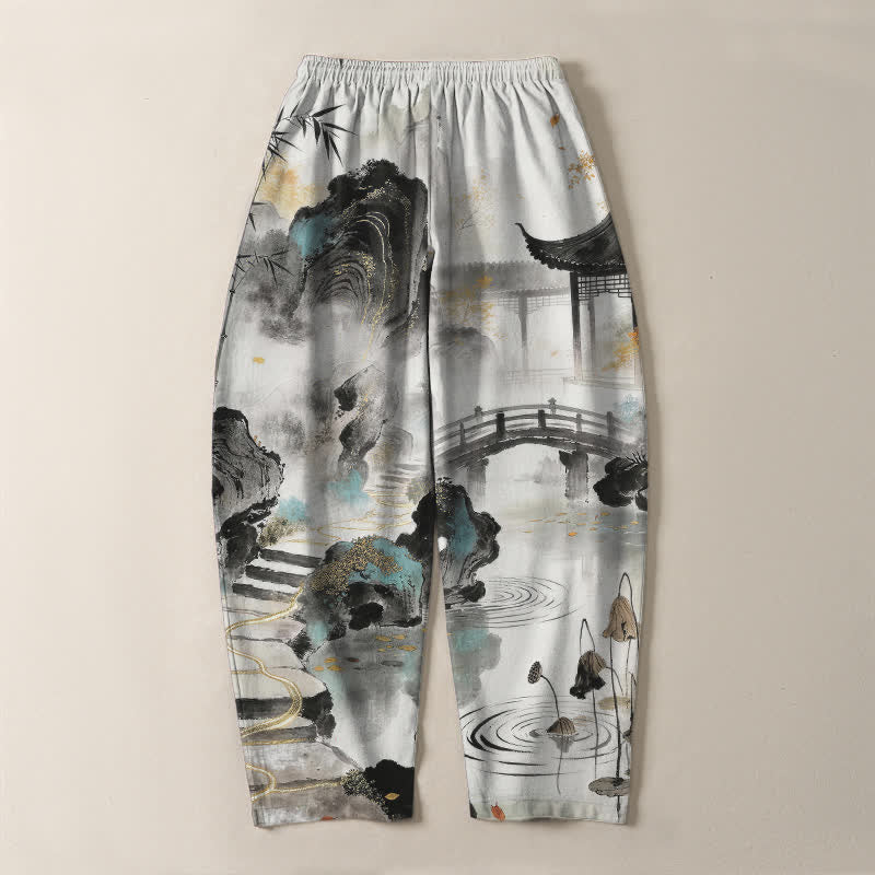 Buddha Stones Pantalon fuselé pour homme en pur coton, motif bambou, paysage imprimé à l'encre, cordon de serrage et poches - image 3